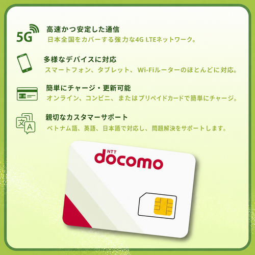 ドコモ SIMカード 日本 – 10GB データ + 通話番号付き｜月額プリペイドプラン｜契約不要｜学生・旅行者向け高速インターネット