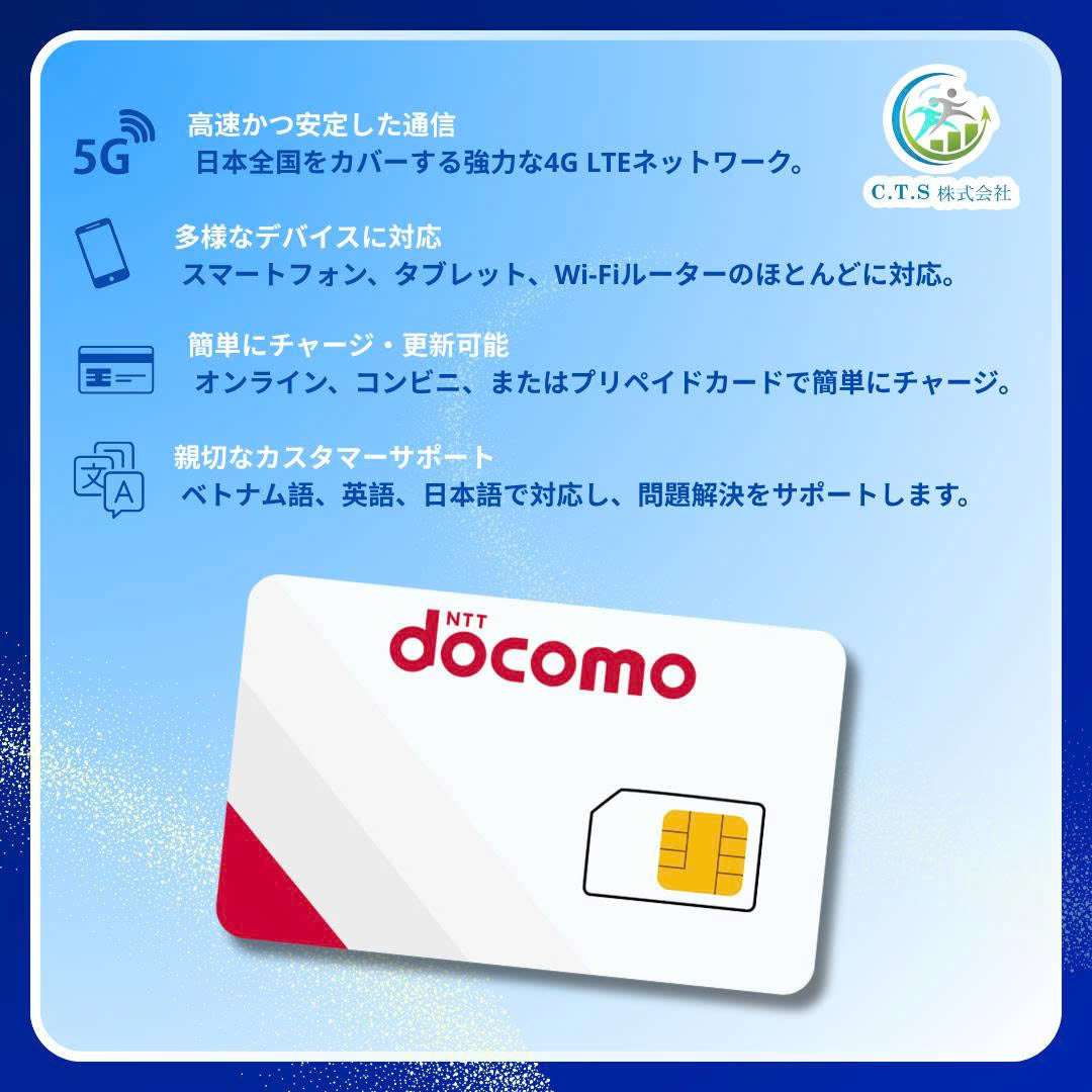 ドコモ SIMカード 日本 – 20GB データ + 通話番号付き｜月額プリペイド 