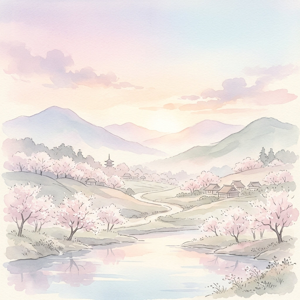 Japanese landscape – cherry blossoms and mountains